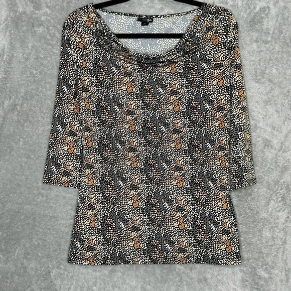 East 5th L Large‎ Shirt Top Gray Brown Abstract 3/4 Sleeve Cowl Neck Stretch - Picture 1 of 6